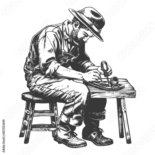 Linocut Craftsman: Concentrated Cobbler Mending Shoe on Stool, Vintage Style.