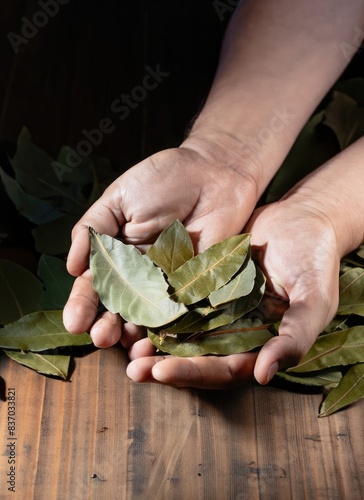 Hands holding bayleaves photo