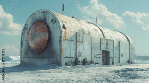 A futuristic, abandoned building stands alone in a desolate, snowy landscape. photo