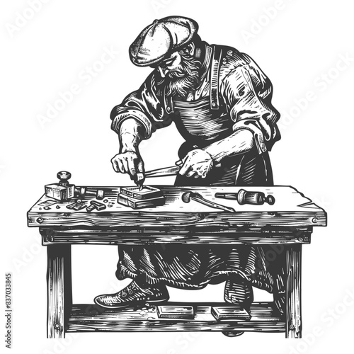 Engraver at Work: Vintage Sketch of Bearded Craftsman Shaping Metal on Rustic Workbench.