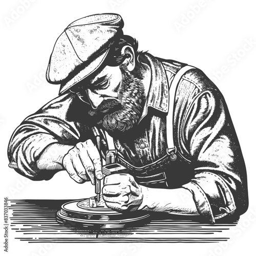 Engraver at Work: Bearded Craftsman with Loupe, Vintage Illustration