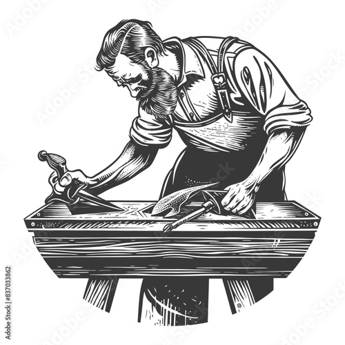 Woodcut: Bearded Craftsman Shaping Leather in Traditional Workshop.