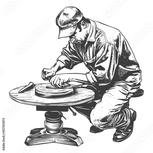 Potter at Wheel: Vintage Engraving of Artisan Shaping Clay.