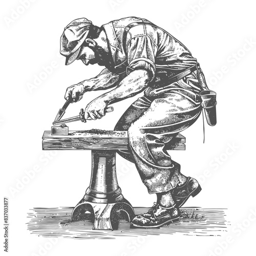 Engraving of a Focused Carpenter Chiseling Wood on a Stool.