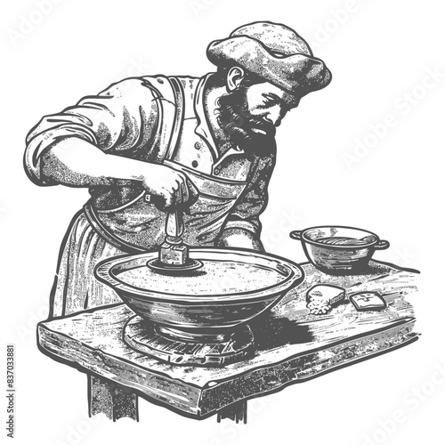 Vintage Artisan: Bearded Man Polishing Metal, Detailed Engraving.