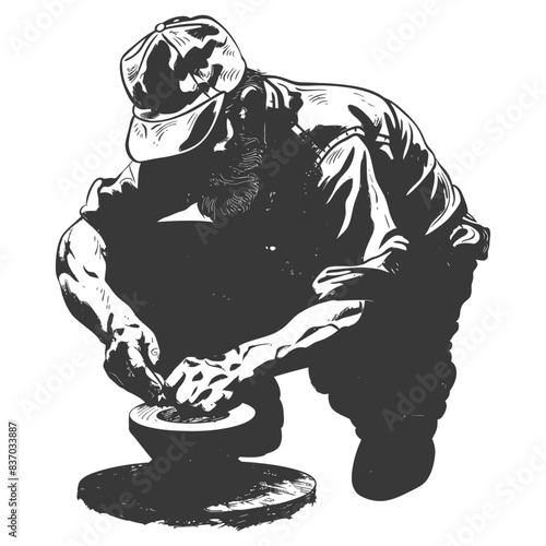 Monochrome Potter: Crouched Man Shaping Clay on Wheel, Textured Style.