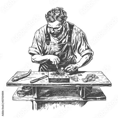 Engraving Artisan: Hand-Drawn Illustration of a Craftsman Working with Stone and Tools.