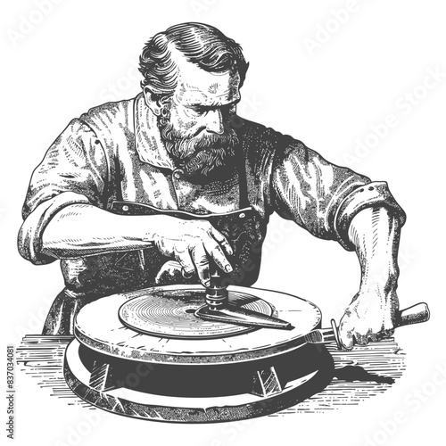 Engraving: Bearded Craftsman Sharpening Blade on Grinding Wheel, Vintage Illustration.
