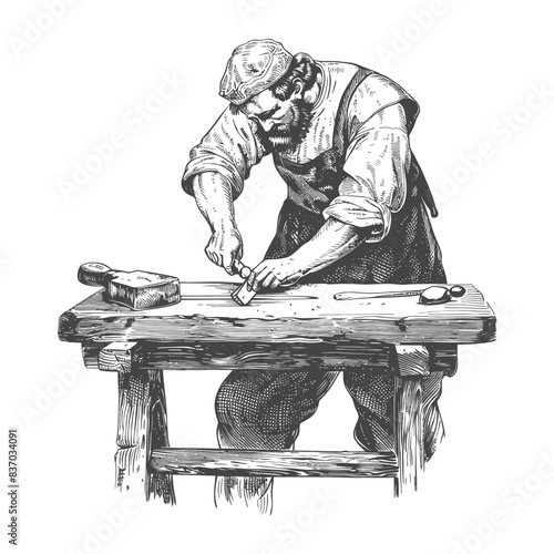 Engraving of a Craftsman: Woodworker Carefully Carving with Chisel on Rustic Bench.