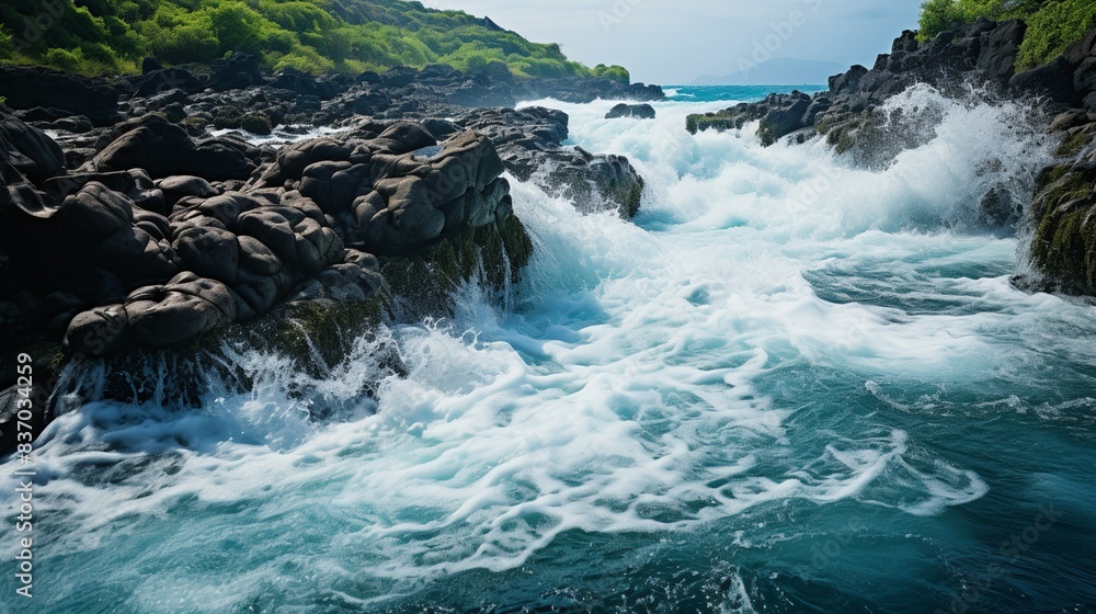 A detailed shot of a cascading river, with water rushing over rocks and creating intricate patterns of foam and spray, showcasing the raw power and beauty of flowing water in nature. Minimal and A detailed shot of a cascading river, with water rushing over rocks and creating intricate patterns of foam and spray, showcasing the raw power and beauty of flowing water in nature. Minimal and