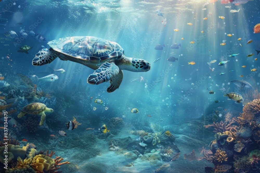 Obraz premium Vibrant underwater scene with diverse marine life and a majestic turtle swimming in the ocean depths