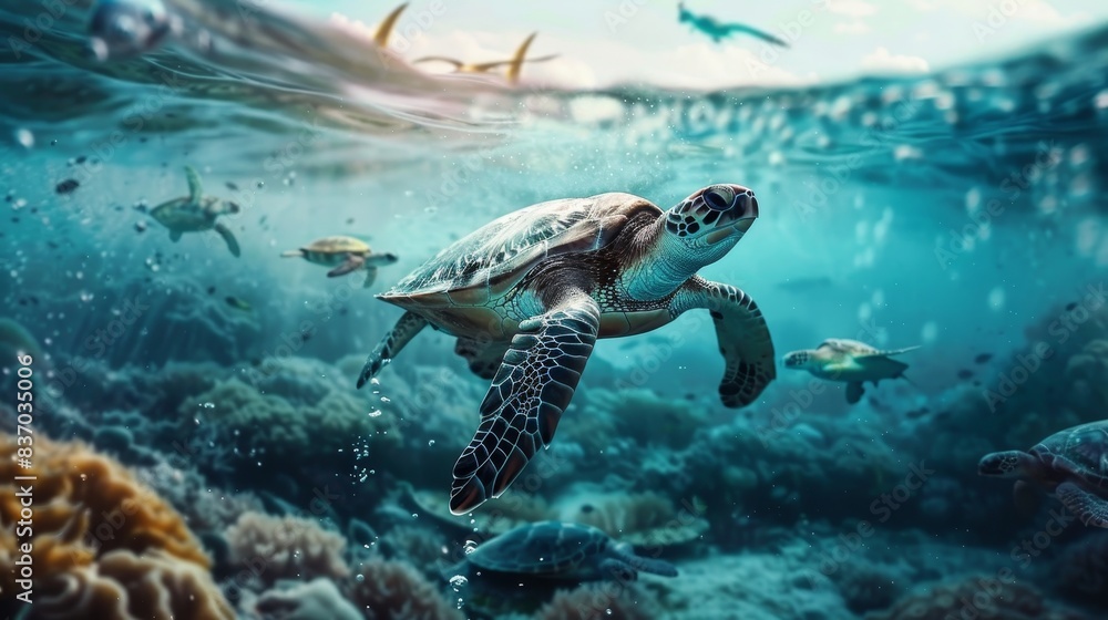 Fototapeta premium Colorful underwater ocean life with diverse marine species and beautiful sea turtle