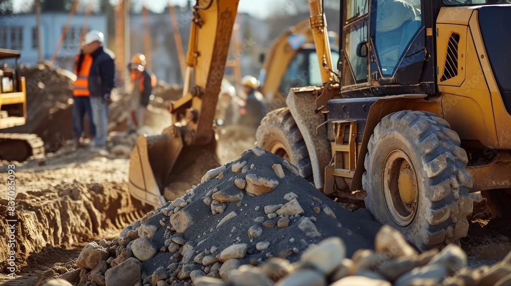 Backhoe hydraulic arm and bucket as it lifts a load of dirt from a trench at a construction site Backhoe hydraulic arm and bucket as it lifts a load of dirt from a trench at a construction site