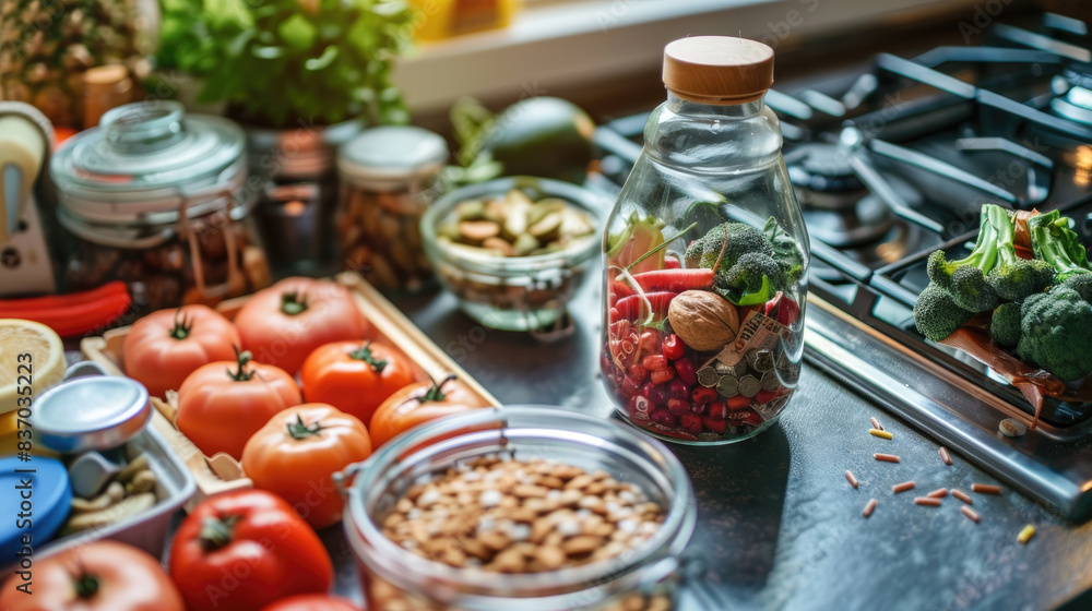 A countertop in a kitchen with fresh vegetables, nuts, and glass jars. There are tomatoes, broccoli, and a jar filled with red berries, nuts, and herbs A countertop in a kitchen with fresh vegetables, nuts, and glass jars. There are tomatoes, broccoli, and a jar filled with red berries, nuts, and herbs