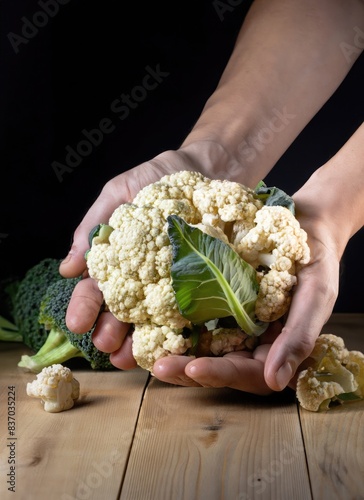 Hands holding handful of cauliflowers