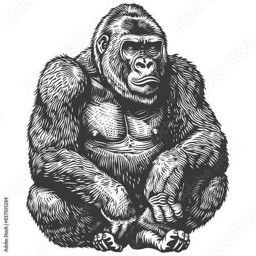 Engraved Gorilla: Stoic Silverback, Detailed Fur, Intricate Cross-Hatch Shading.