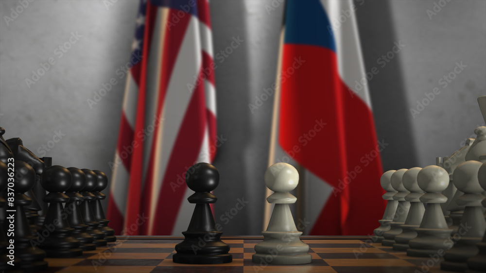 Czech Republic and USA National Flags with Chess Board 3D Illustration. Politics of Government or Conflict of Countries Concept Czech Republic and USA National Flags with Chess Board 3D Illustration. Politics of Government or Conflict of Countries Concept