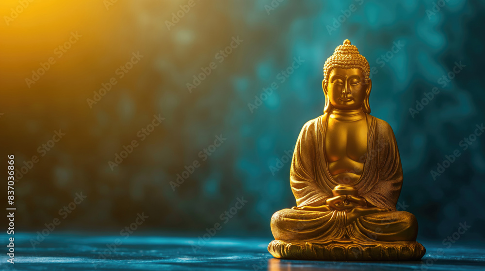 Buddha statue in a blue room with copy space for text Buddha statue in a blue room with copy space for text