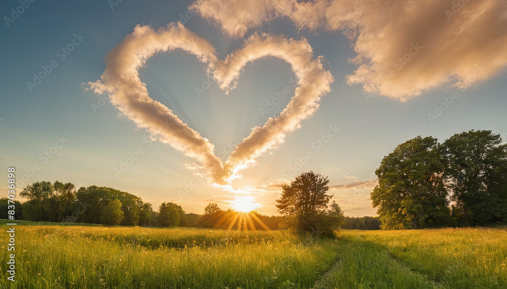 Obraz premium A heart-shaped cloud formation in the sky with a setting sun over a field