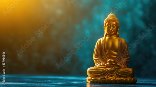 Buddha statue in a blue room with copy space for text