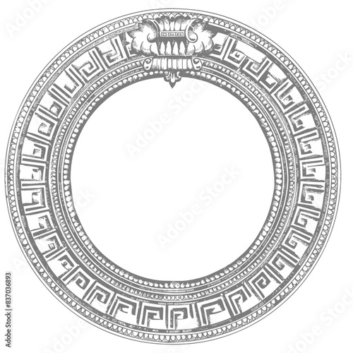 Greek Key Circular Frame: Intricate Meander Pattern with Acanthus Leaf Detail, Architectural Design.