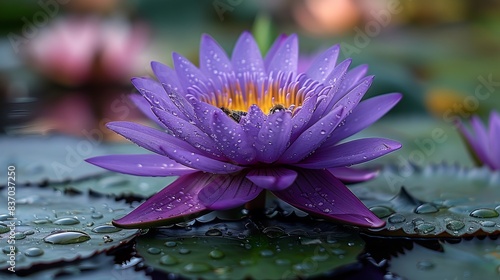 purple lotus flower in pot and bee.purple lotus flower with lot of bees. Purple lotus flower blooming 