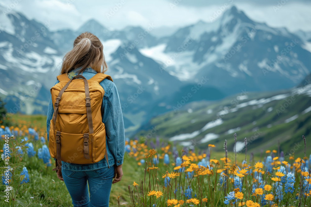 young woman hiker with backpack standing on the meadow young woman hiker with backpack standing on the meadow