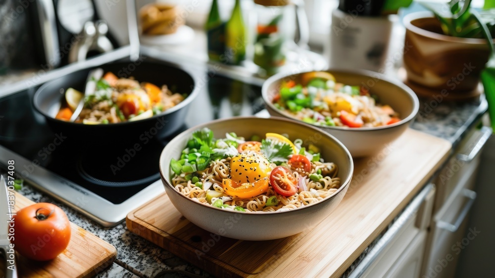 A quick meal prep tutorial focusing on soy noodle dishes for post-workout meals, set in a stylish kitchen A quick meal prep tutorial focusing on soy noodle dishes for post-workout meals, set in a stylish kitchen