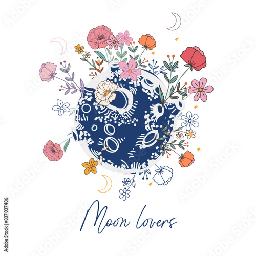 Fashion vector apparel print with moon and flowers, bohemian illustration