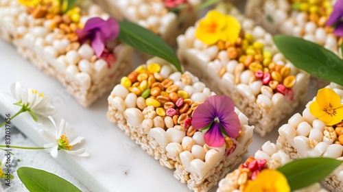 Use decorative elements such as leaves or flowers to decorate your cereal bar arrangements to add elegance and beauty. --no text --ar 16:9 --quality 0.5 Job ID: 4a699fdc-67e0-4fb6-8b76-62893ee21d5a