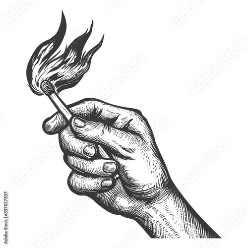 Etched Hand Holding Lit Match: Woodcut Flame Detail