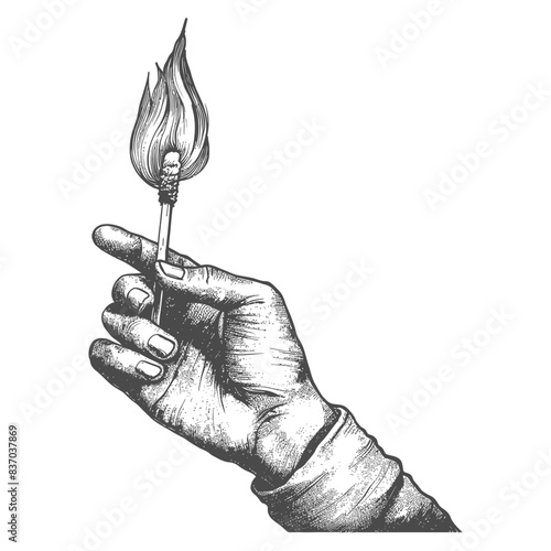 Etched Hand Holding a Burning Match, Striking Flame, Vintage Engraving.