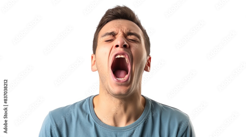 A high-resolution photo of a person yawning widely, isolated on a white background with clipping path A high-resolution photo of a person yawning widely, isolated on a white background with clipping path