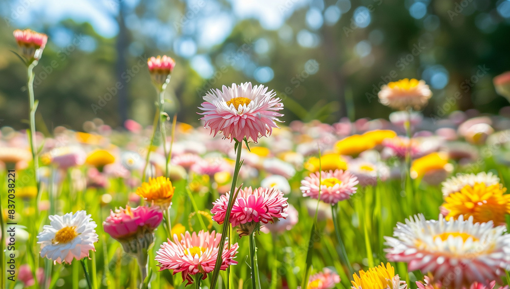 Obraz premium Colorful strawflower field in spring, with pink and yellow daisies blooming on the grassland. The background is blurred green trees under sunlight. Natural scenery of Australian countryside landscape 