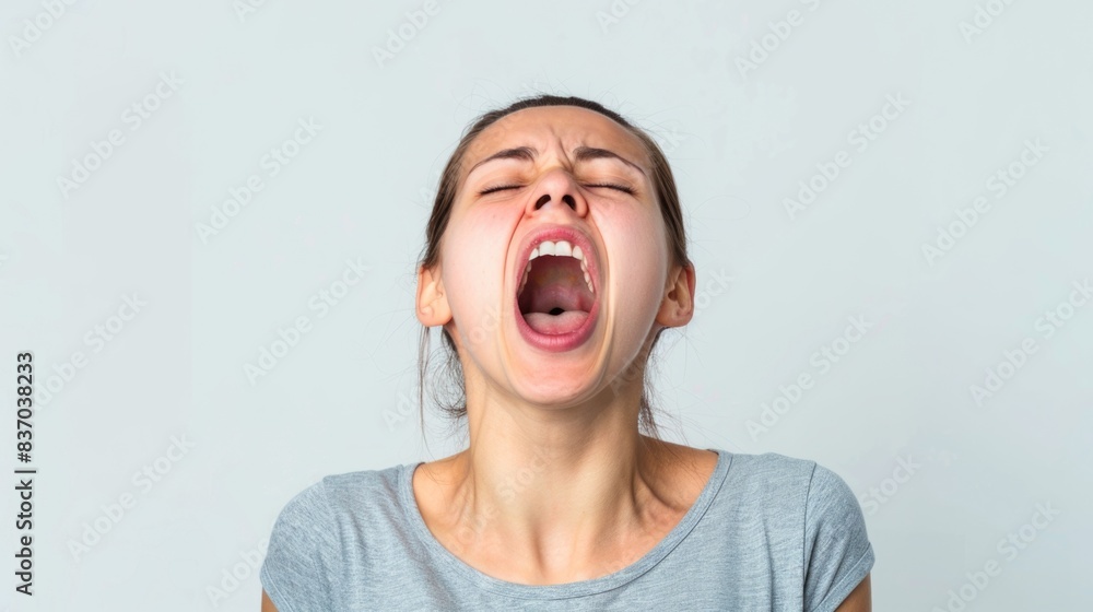 A high-resolution photo of a person yawning widely, isolated on a white background with clipping path A high-resolution photo of a person yawning widely, isolated on a white background with clipping path