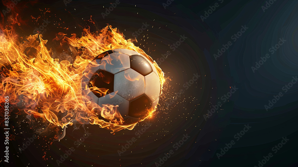 Fototapeta premium Banner for World Football Day, which is celebrated on December 10. Illustration of a soccer ball engulfed in flames isolated on a black background with copy space