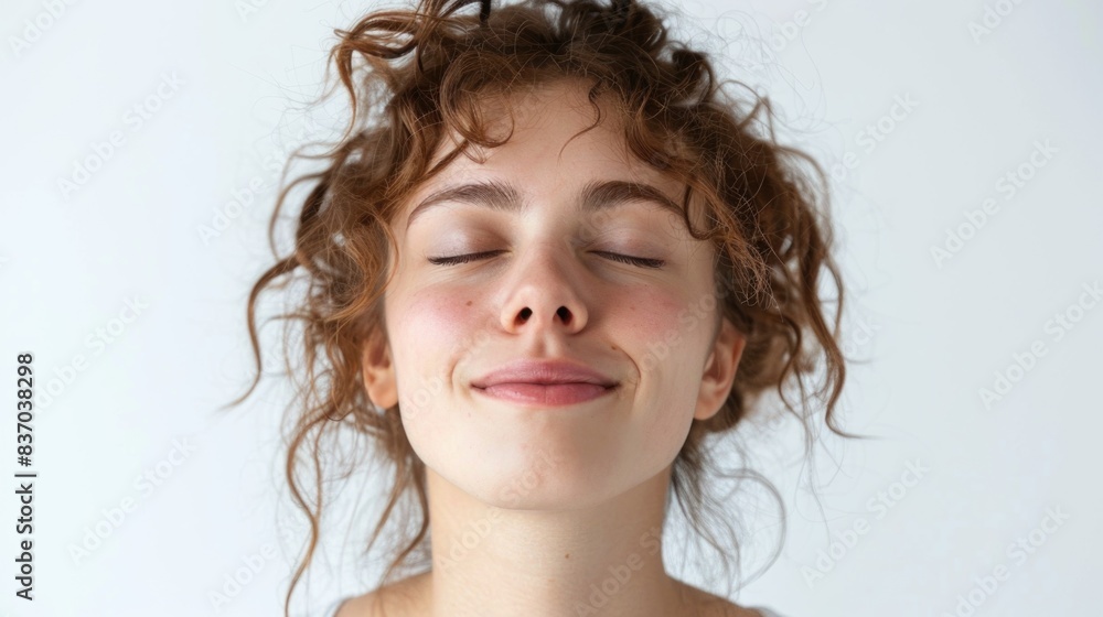 A high-resolution photo of a person expressing relief with a gentle smile and closed eyes, isolated on a white background with clipping path A high-resolution photo of a person expressing relief with a gentle smile and closed eyes, isolated on a white background with clipping path