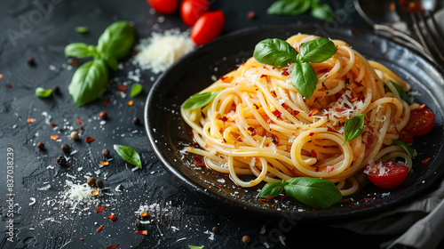 Dark plate with italian spaghetti on dark. copy space.