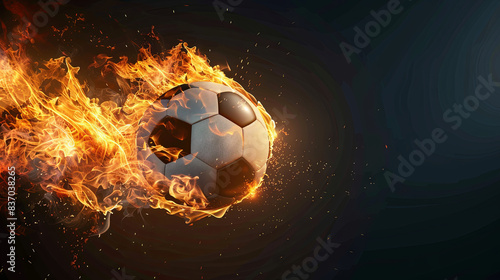 Banner for World Football Day, which is celebrated on December 10. Illustration of a soccer ball engulfed in flames isolated on a black background with copy space