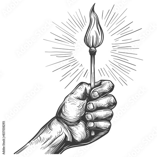 Etched Hand Holding Lit Match, Radiant Rays, Engraving Style