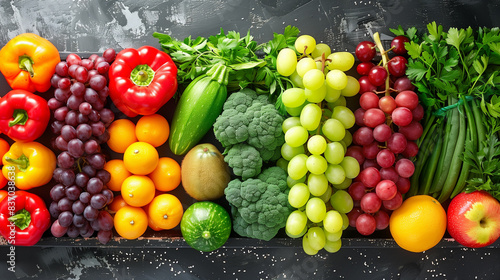 Assortment of fresh organic fruits and vegetables in rainbow colors.