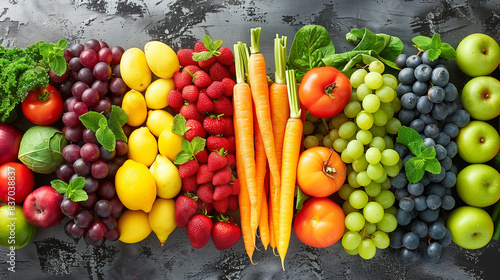 Assortment of fresh organic fruits and vegetables in rainbow colors.