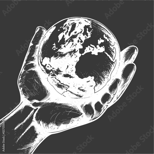 Earth in Hand: Stylized White Engraving on Black, Focus on Europe & Africa.