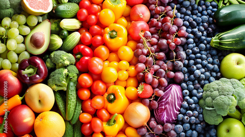 Assortment of fresh organic fruits and vegetables in rainbow colors.