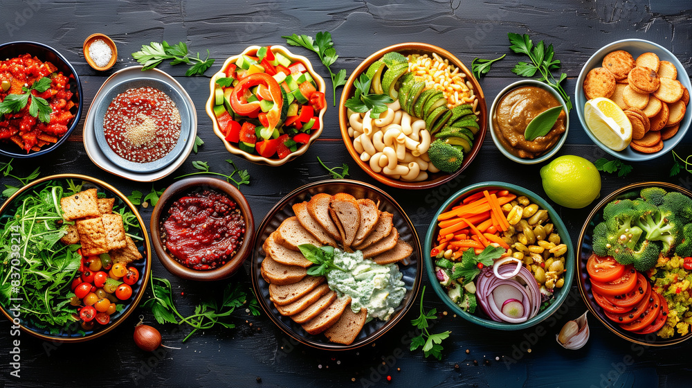 Assortment of healthy food dishes. Top view. Copy space for your text. Assortment of healthy food dishes. Top view. Copy space for your text.