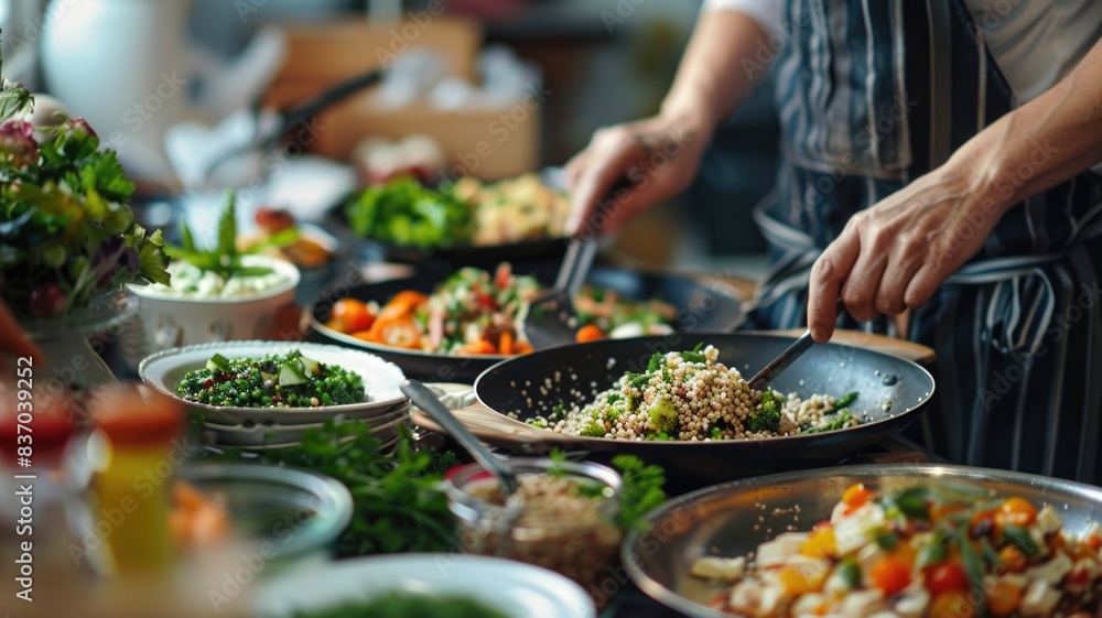Obraz premium A series of buckwheat-based dishes being prepared in a vegan cooking class, highlighting its versatility