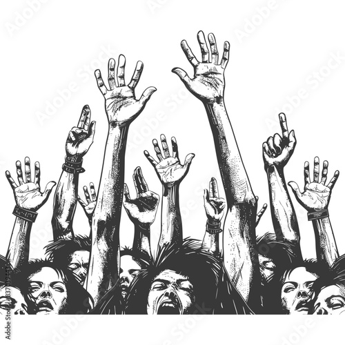 hands raised at a music festival with engraving style black color only