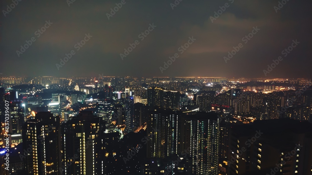 Obraz premium City Lights: Nighttime Urban Landscape with Luminous Details. A captivating nighttime cityscape showing the bustling urban life and colorful lights reflecting a vibrant city environment.