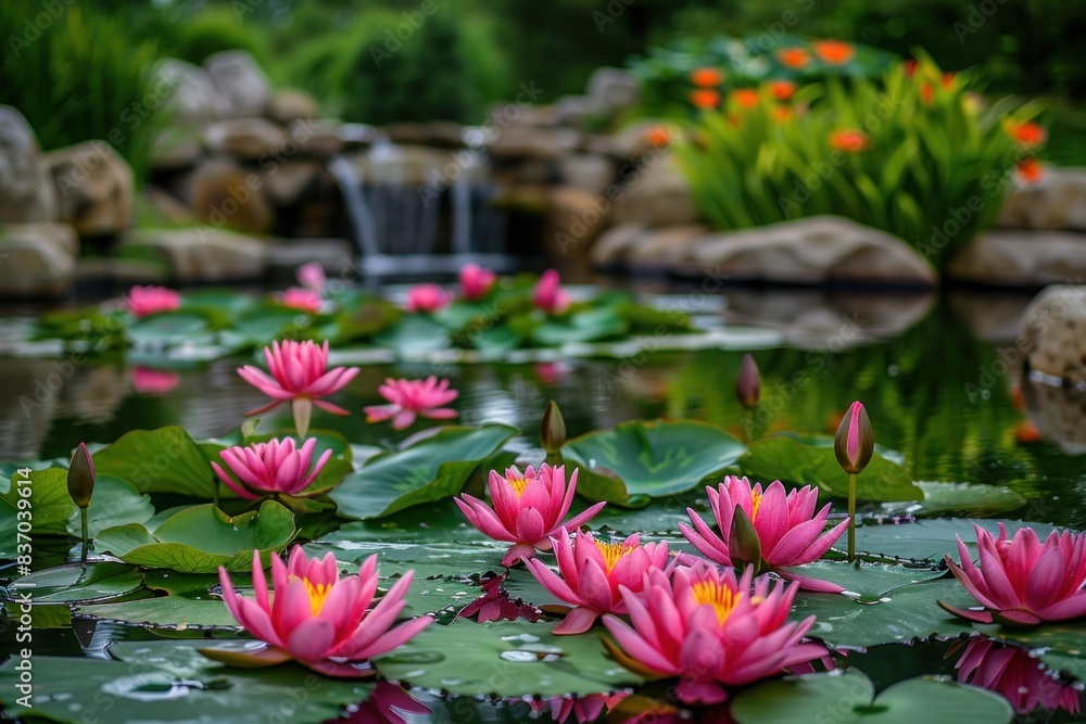 A tranquil pond with lotus flowers in bloom, their vibrant colors contrasting with the calmness of the water. A tranquil pond with lotus flowers in bloom, their vibrant colors contrasting with the calmness of the water.