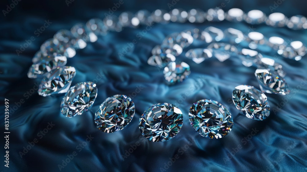 3D Illustrate of A stylish 3D-rendered scene of diamonds arranged in a spiral pattern against a dark blue velvet backdrop. 3D Illustrate of A stylish 3D-rendered scene of diamonds arranged in a spiral pattern against a dark blue velvet backdrop.